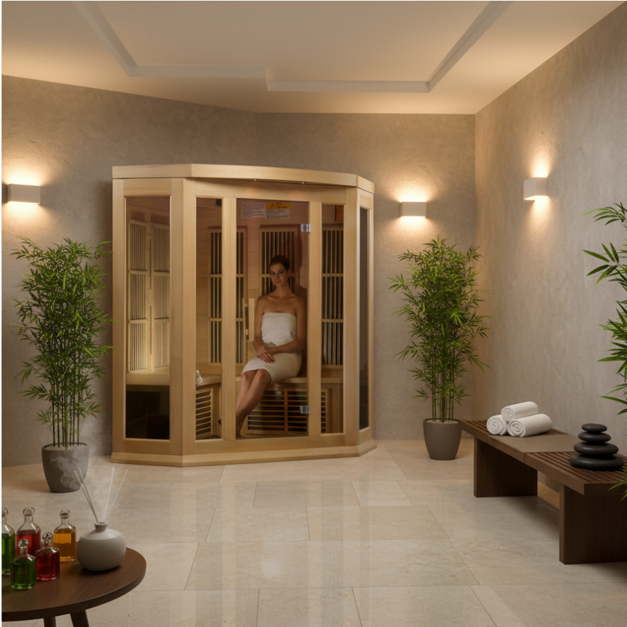 Golden Designs Maxxus 3-Person Corner FAR Infrared Sauna Carbon Low EMF with Canadian Hemlock | MX-K356-01