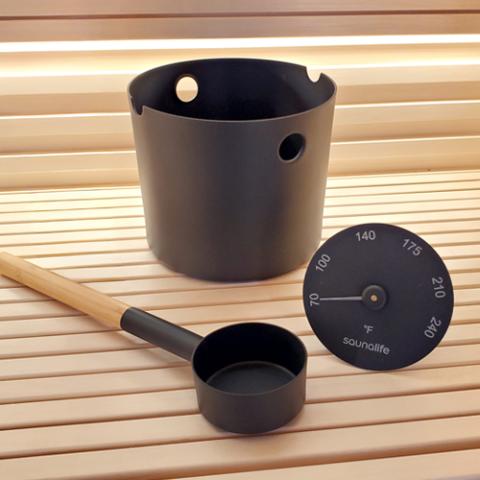 SaunaLife Aluminum 1-Gallon Sauna Bucket Set with Wood Ladle and Thermometer-Accessories-SaunaLife-Black-Nordica Sauna