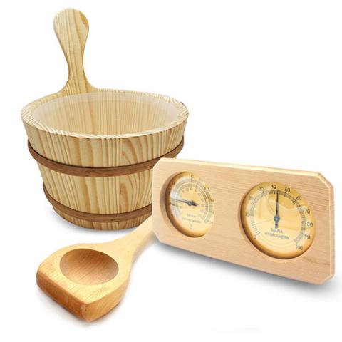 SaunaLife Accessory Package 8 Wooden 1-Gallon Sauna Bucket, Wood Ladle, Thermometer/Hyrometer