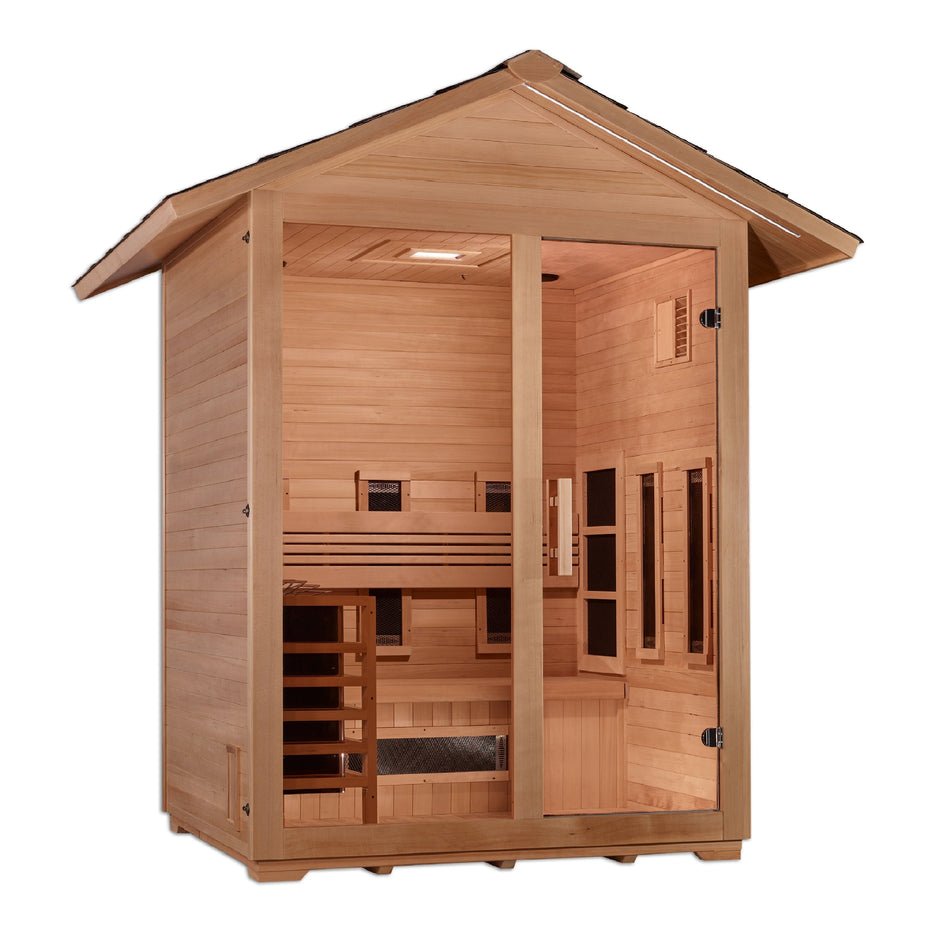 Golden Designs Gargellen 5-Person Hybrid PureTech™ Full Spectrum IR or Traditional Stove Outdoor Sauna in Canadian Hemlock-Sauna-Golden Designs-Nordica Sauna