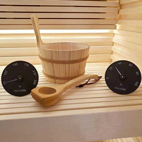 SaunaLife Wooden 1-Gallon Sauna Bucket, Wood Ladle, Thermometer, Hygrometer-Accessories-SaunaLife-Nordica Sauna