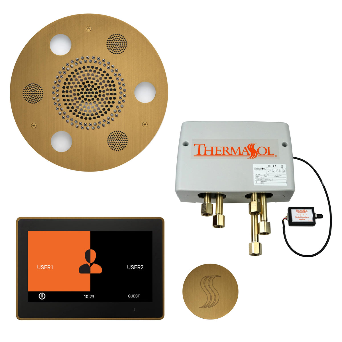 ThermaSol The Total Wellness Package with 10" ThermaTouch Trim Upgraded Round-Steam Shower Controls & Accessories-ThermaSol-Antique Brass-Nordica Sauna