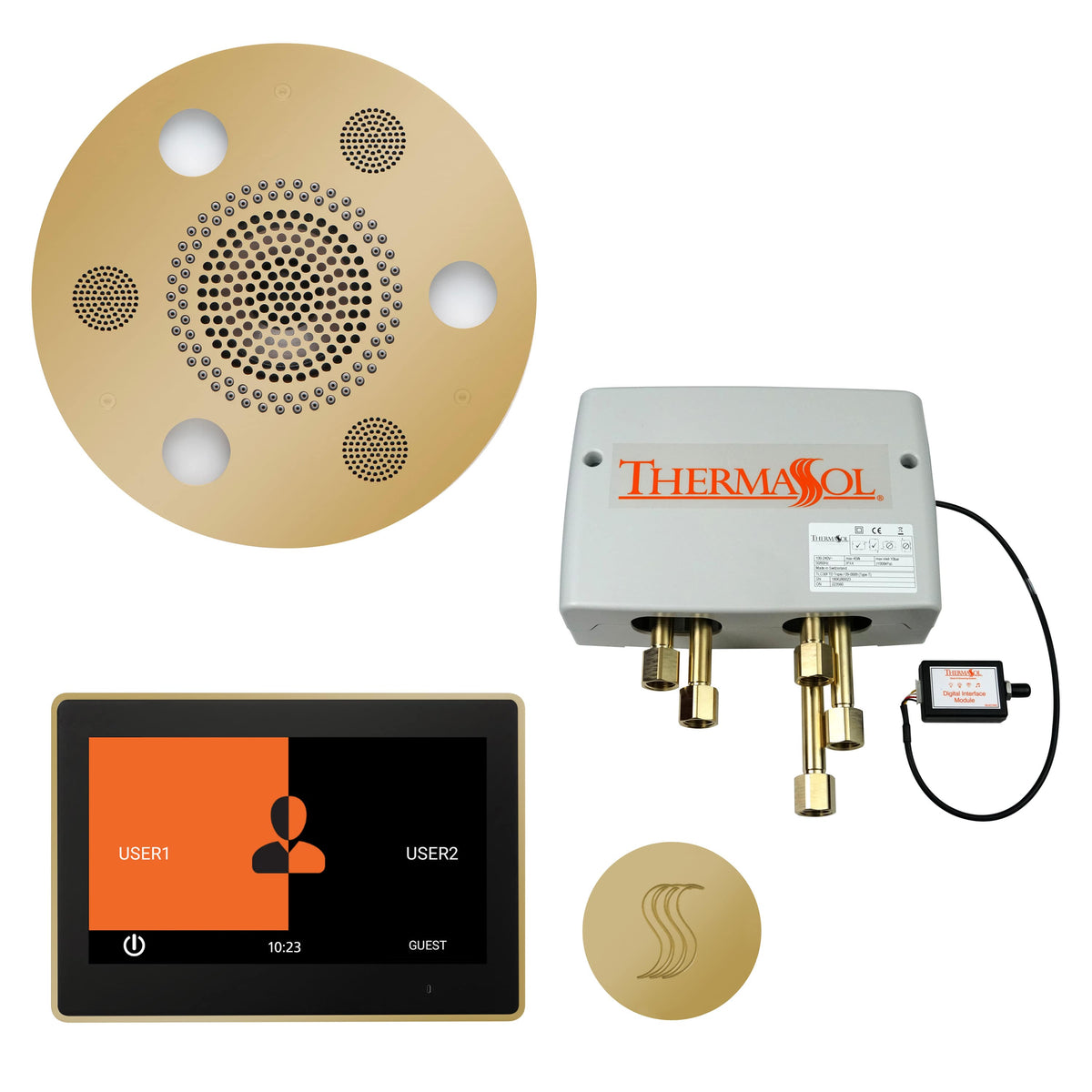 ThermaSol The Total Wellness Package with 10" ThermaTouch Trim Upgraded Round-Steam Shower Controls & Accessories-ThermaSol-Polished Brass-Nordica Sauna