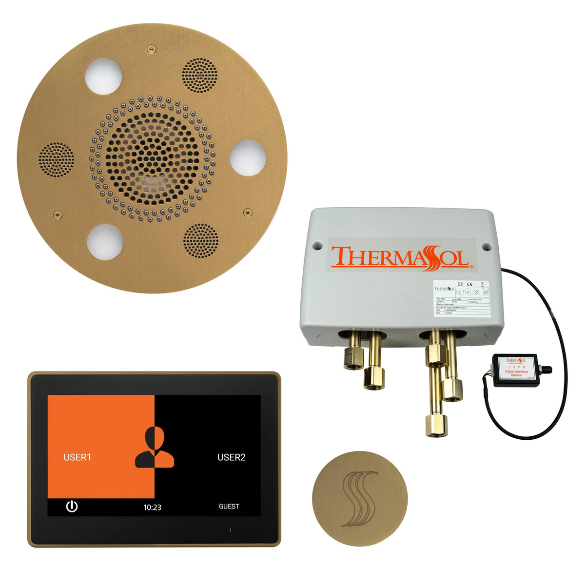 ThermaSol The Total Wellness Package with 10" ThermaTouch Trim Upgraded Round-Steam Shower Controls & Accessories-ThermaSol-Satin Brass-Nordica Sauna