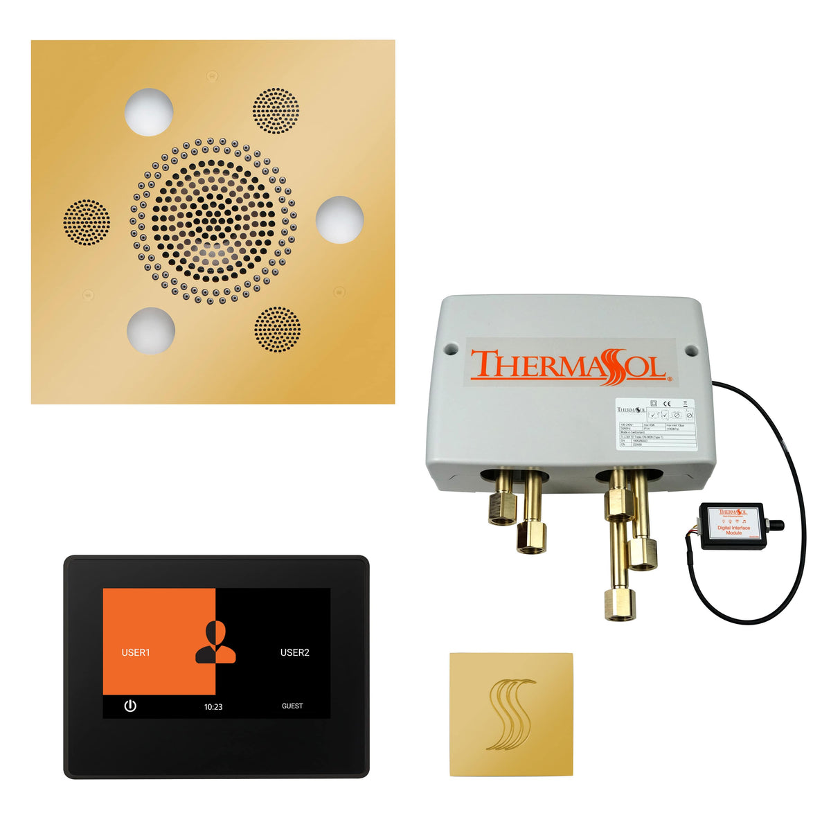 ThermaSol The Total Wellness Package with 7" ThermaTouch and Square-Steam Shower Controls & Accessories-ThermaSol-Polished Gold-Nordica Sauna