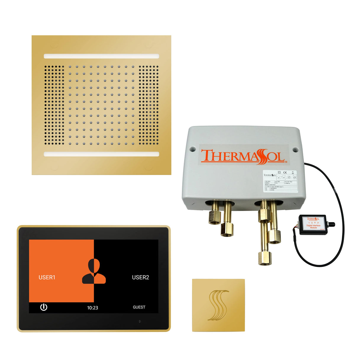 ThermaSol The Total Wellness Hydrovive14 Package with 10" ThermaTouch Square-Steam Shower Controls & Accessories-ThermaSol-Polished Gold-Nordica Sauna