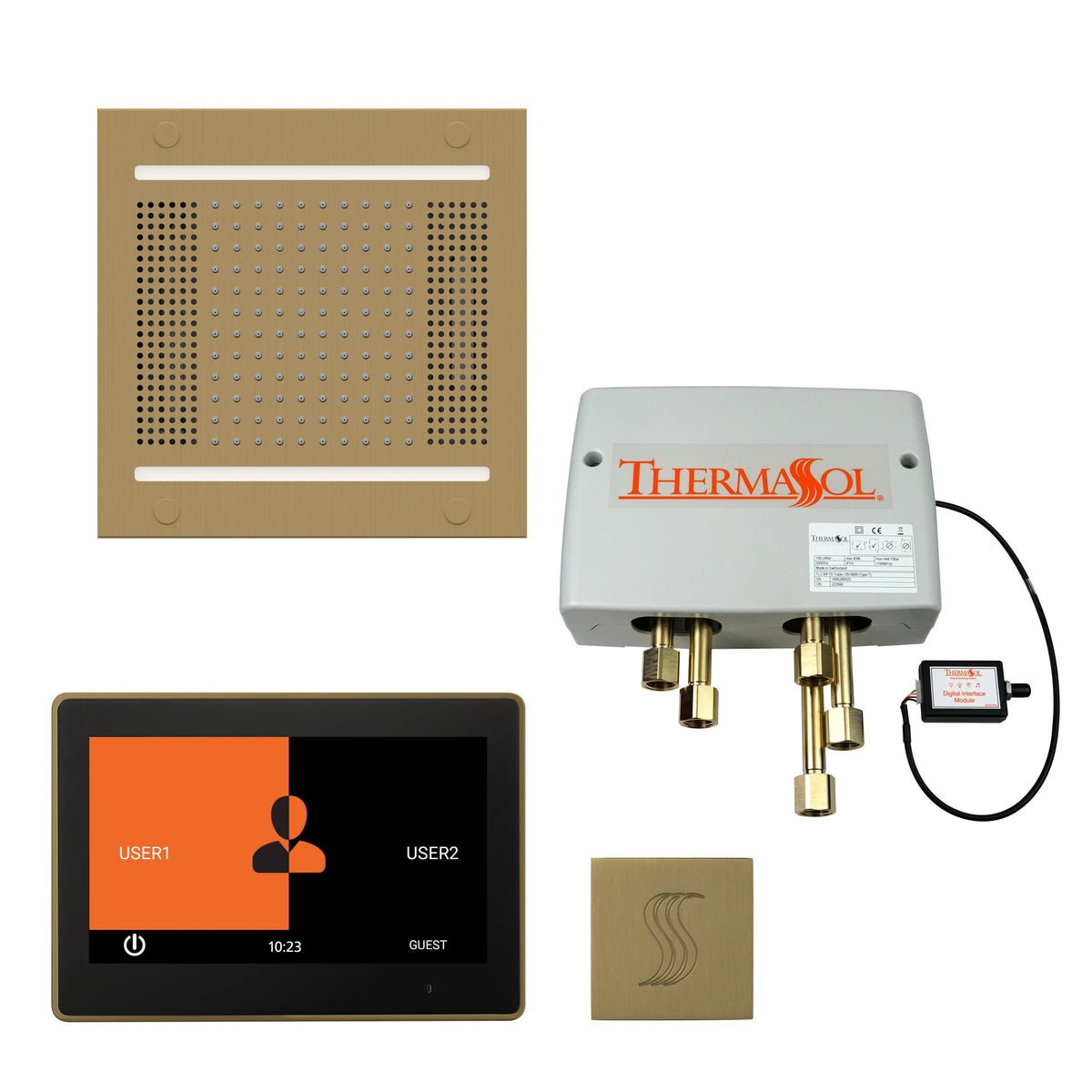 ThermaSol The Total Wellness Hydrovive14 Package with 10" ThermaTouch Square-Steam Shower Controls & Accessories-ThermaSol-Satin Brass-Nordica Sauna
