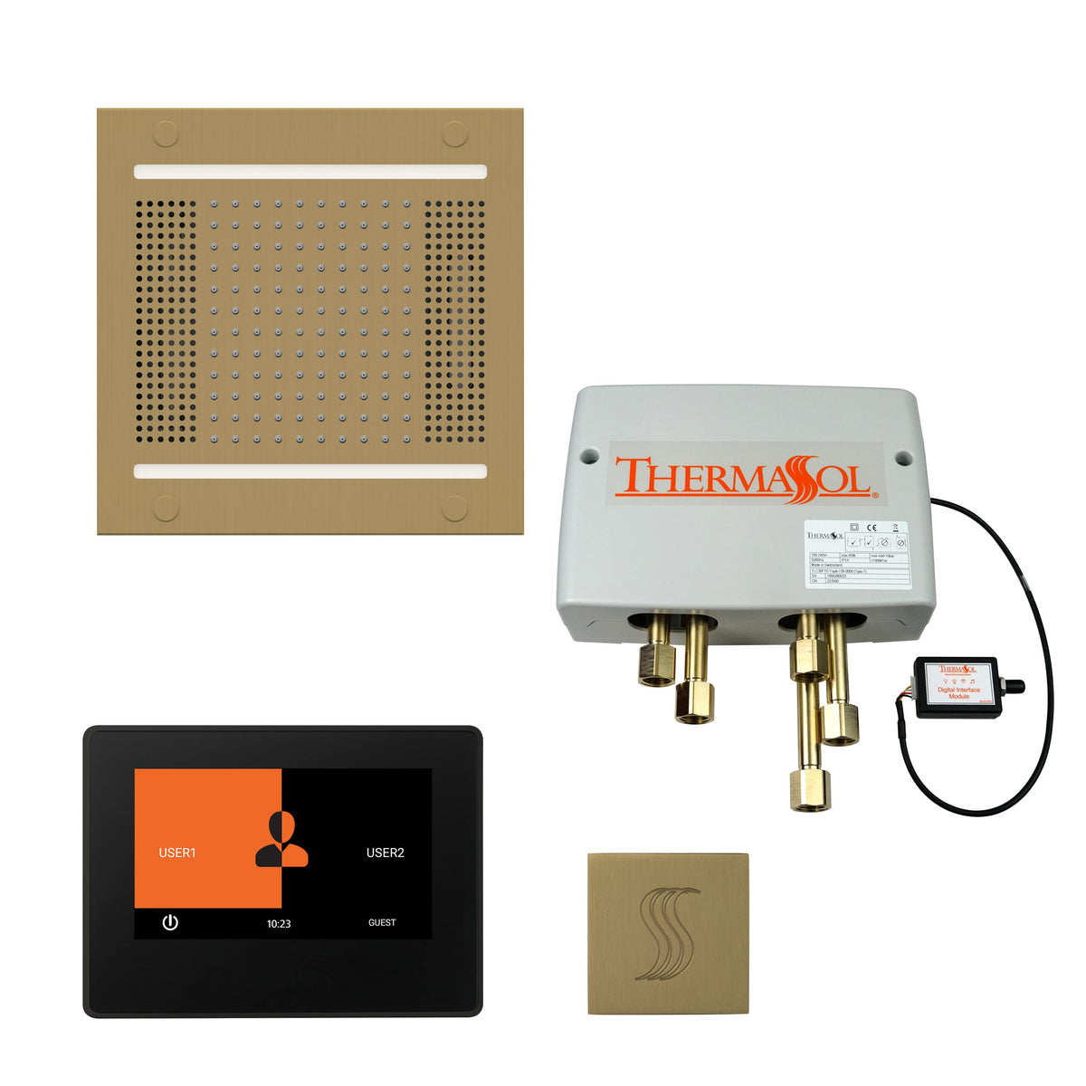 ThermaSol The Total Wellness Hydrovive14 Package with 7" ThermaTouch and Square-Steam Shower Controls & Accessories-ThermaSol-Satin Brass-Nordica Sauna