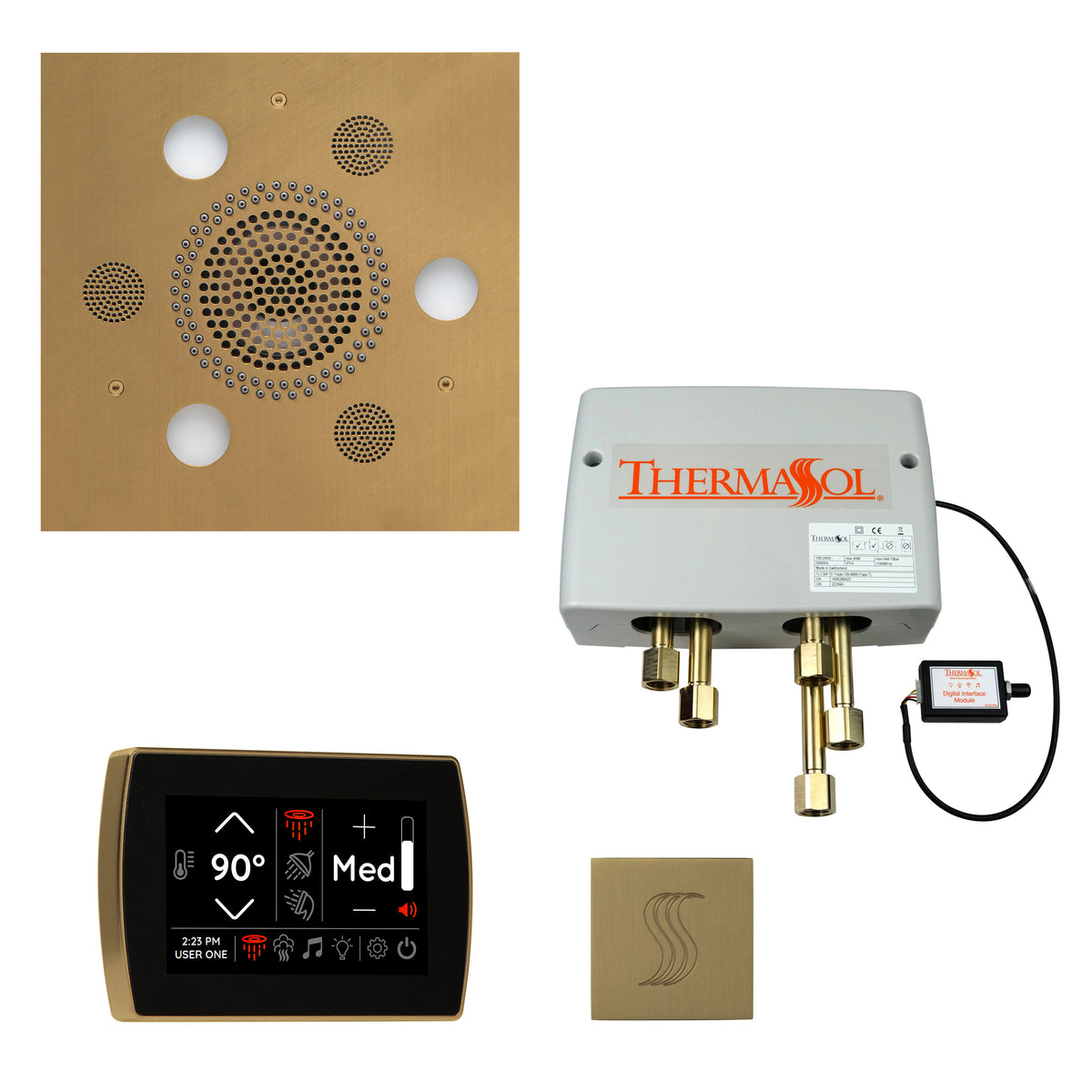 ThermaSol The Total Wellness Package with SignaTouch Square-Steam Shower Controls & Accessories-ThermaSol-Satin Brass-Nordica Sauna