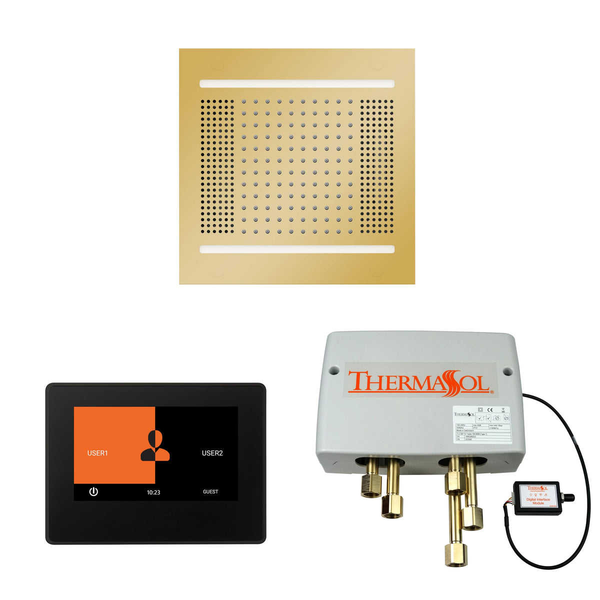 ThermaSol The Wellness Hydrovive14 Shower Package with 7" ThermaTouch Square-Steam Shower Controls & Accessories-ThermaSol-Polished Gold-Nordica Sauna