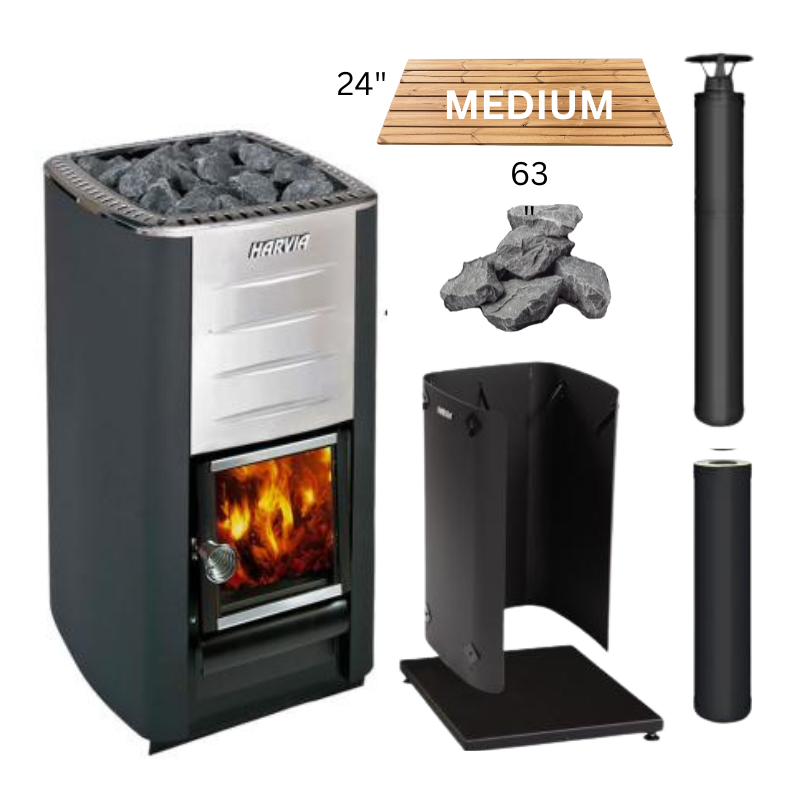 Harvia M3 Wood-Burning Stove Black Package with Medium SaunaLife Barrel Floor