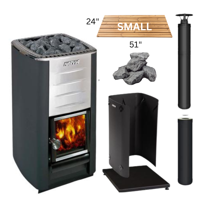 Harvia M3 Wood-Burning Stove Black Package with Small SaunaLife Barrel Floor