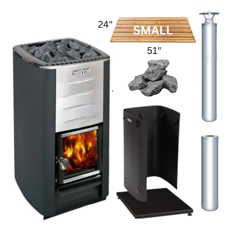 Harvia M3 Wood-Burning Stove Stainless Steel Package with Small SaunaLife Barrel Floor