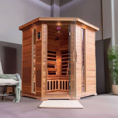 Sunray Bristol Bay 4-Person Corner Cedar Sauna with Carbon Heaters