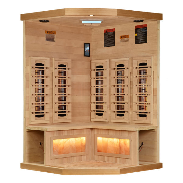 Golden Designs 2025 Reserve Edition 3-Person Full Spectrum PureTech™ Near Zero EMF FAR Infrared Sauna with Himalayan Salt Bar (Corner Unit)