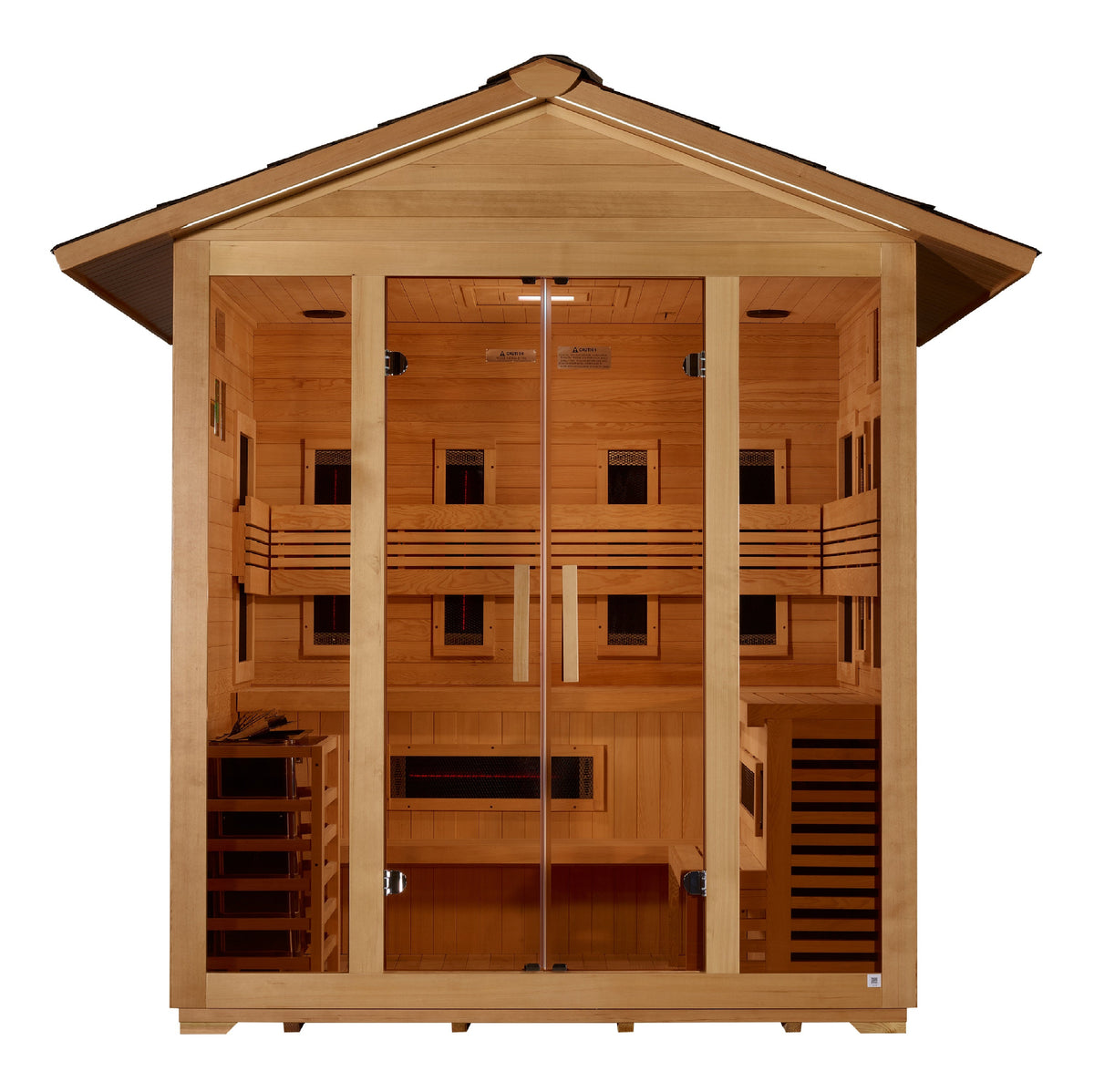 Golden Designs Gargellen 5-Person Hybrid PureTech™ Full Spectrum IR or Traditional Stove Outdoor Sauna in Canadian Hemlock