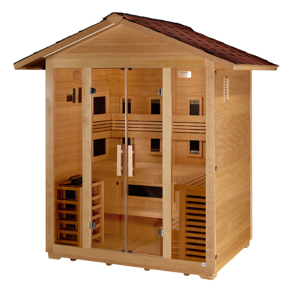 Golden Designs Gargellen 5-Person Hybrid PureTech™ Full Spectrum IR or Traditional Stove Outdoor Sauna in Canadian Hemlock