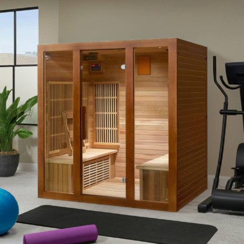Sunray Roslyn 4-Person Cedar Sauna with Carbon Heaters and Side Bench Seating