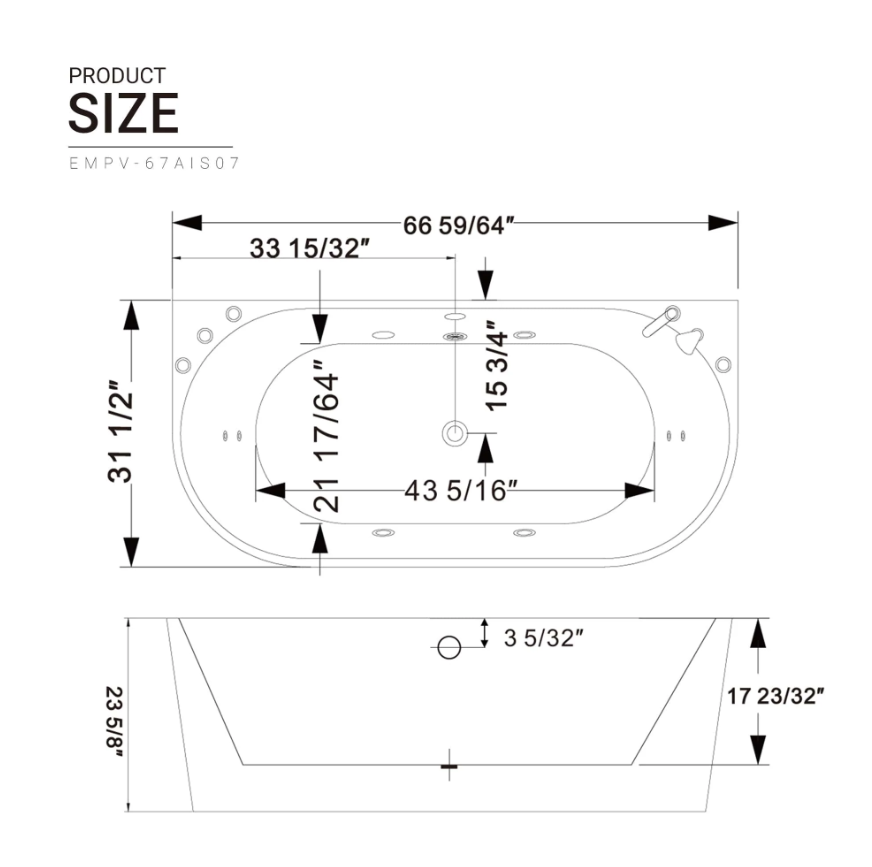 Empava 67 in. Whirlpool Freestanding Acrylic Bathtub | EMPV-67AIS07