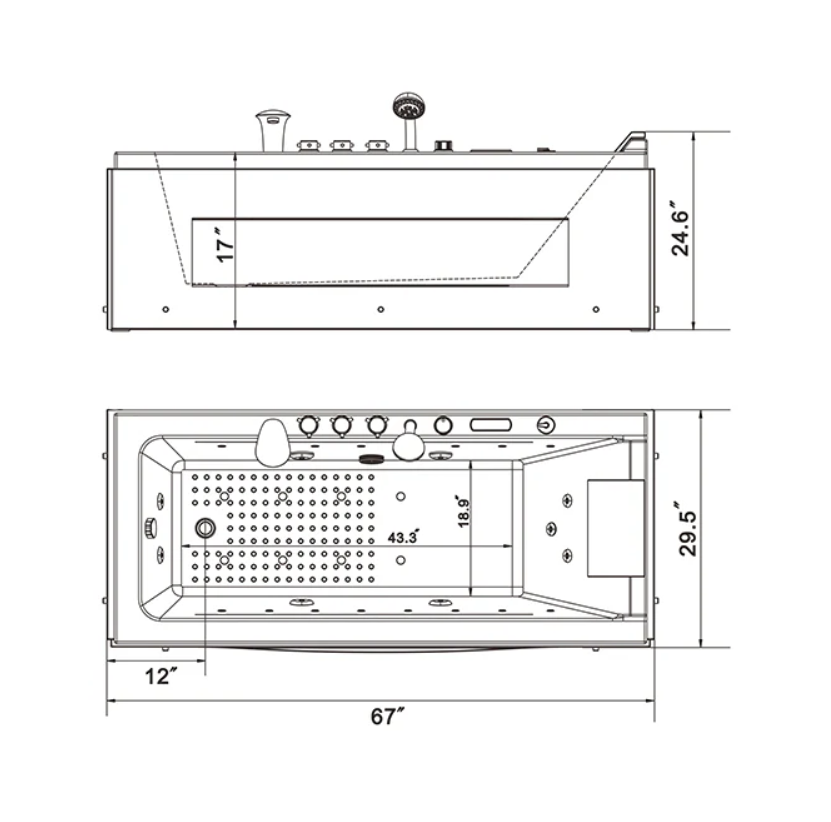 Empava 67 in. Whirlpool Rectangular Bathtub  | EMPV-67JT351LED