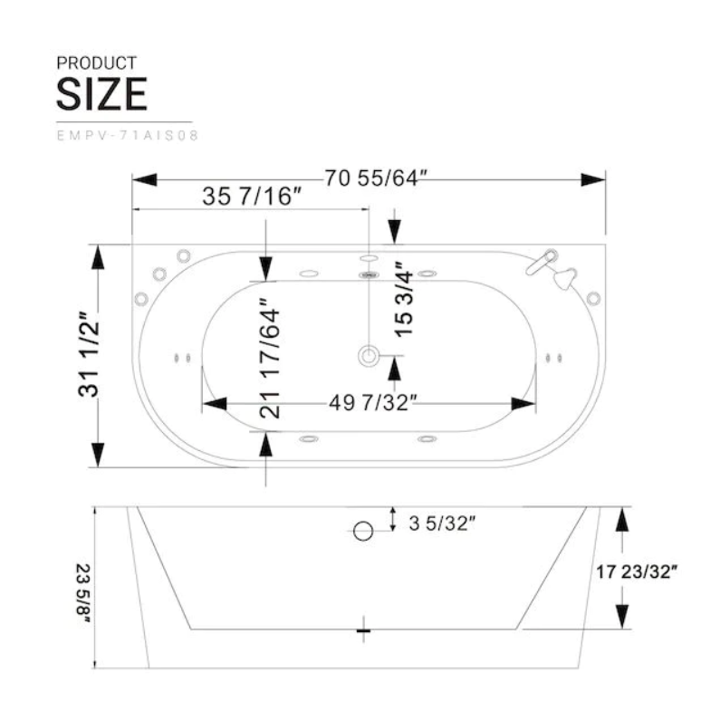 Empava 71 in. Whirlpool Acrylic Alcove Bathtub | EMPV-71AIS08