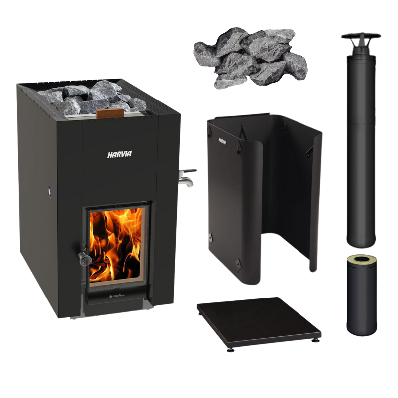 Harvia Linear 22 GreenFlame Series with Water Tank Wood Stove Sauna Heater Package