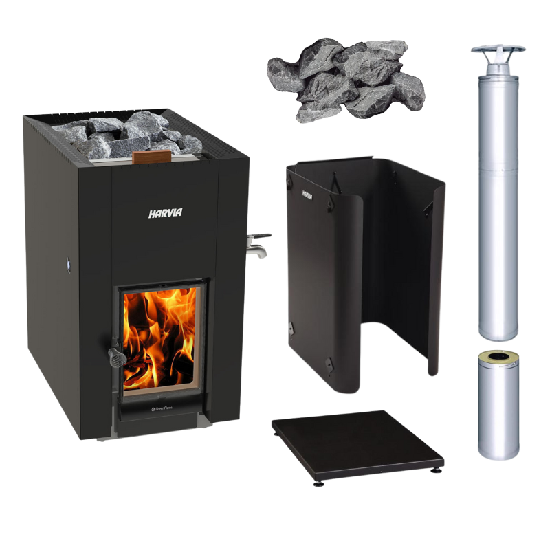 Harvia Linear 22 GreenFlame Series with Water Tank Wood Stove Sauna Heater Package