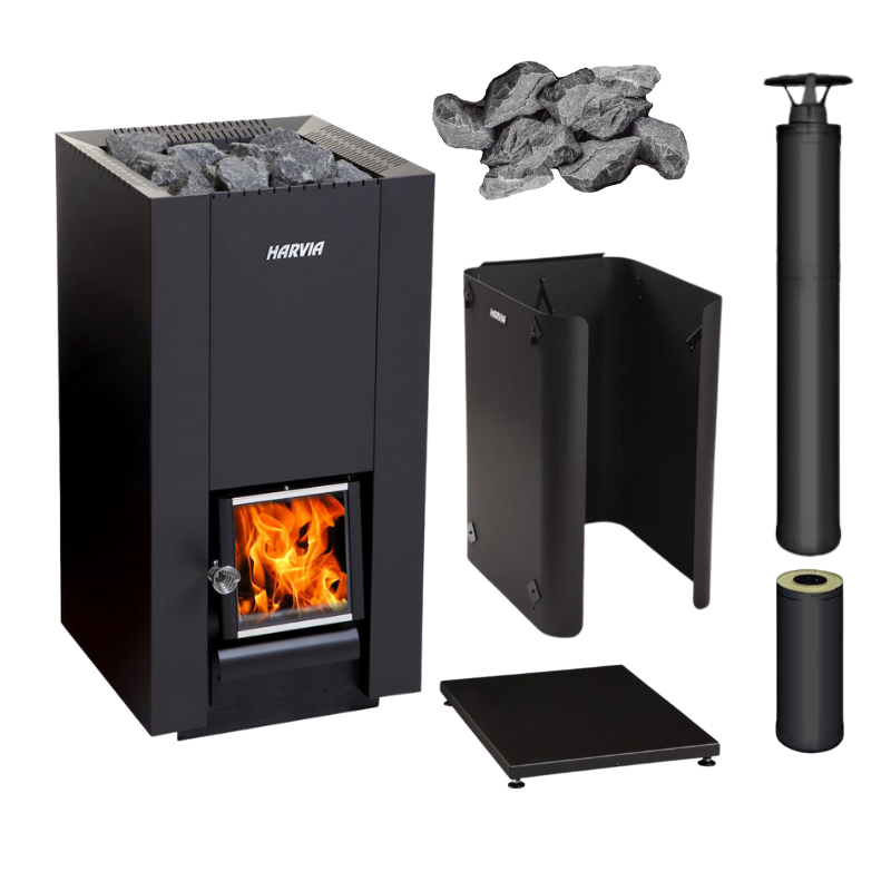 Harvia Linear 22 GreenFlame Series Wood Stove Sauna Heater Package-Sauna Heater-Harvia-Black-
