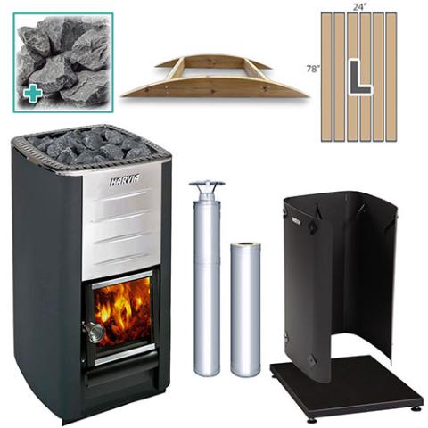 Harvia M3 Wood-Burning Stove Stainless Steel Package with Large SaunaLife Barrel Floor