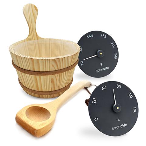 SaunaLife Wooden 1-Gallon Sauna Bucket, Wood Ladle, Thermometer, Hygrometer-Accessories-SaunaLife-Nordica Sauna