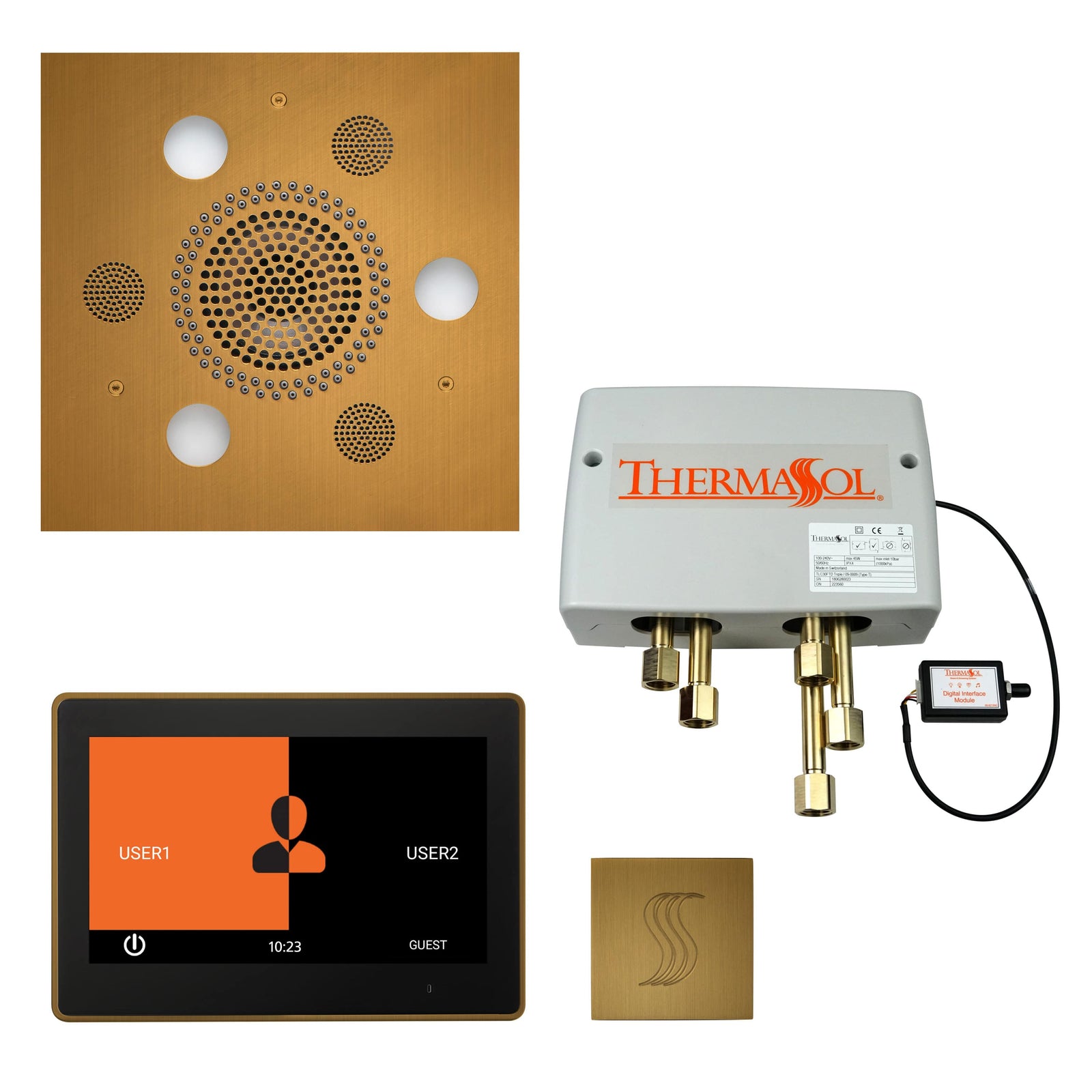 ThermaSol The Total Wellness Package with 10" ThermaTouch Trim Upgraded Square-Steam Shower Controls & Accessories-ThermaSol-Antique Brass-Nordica Sauna