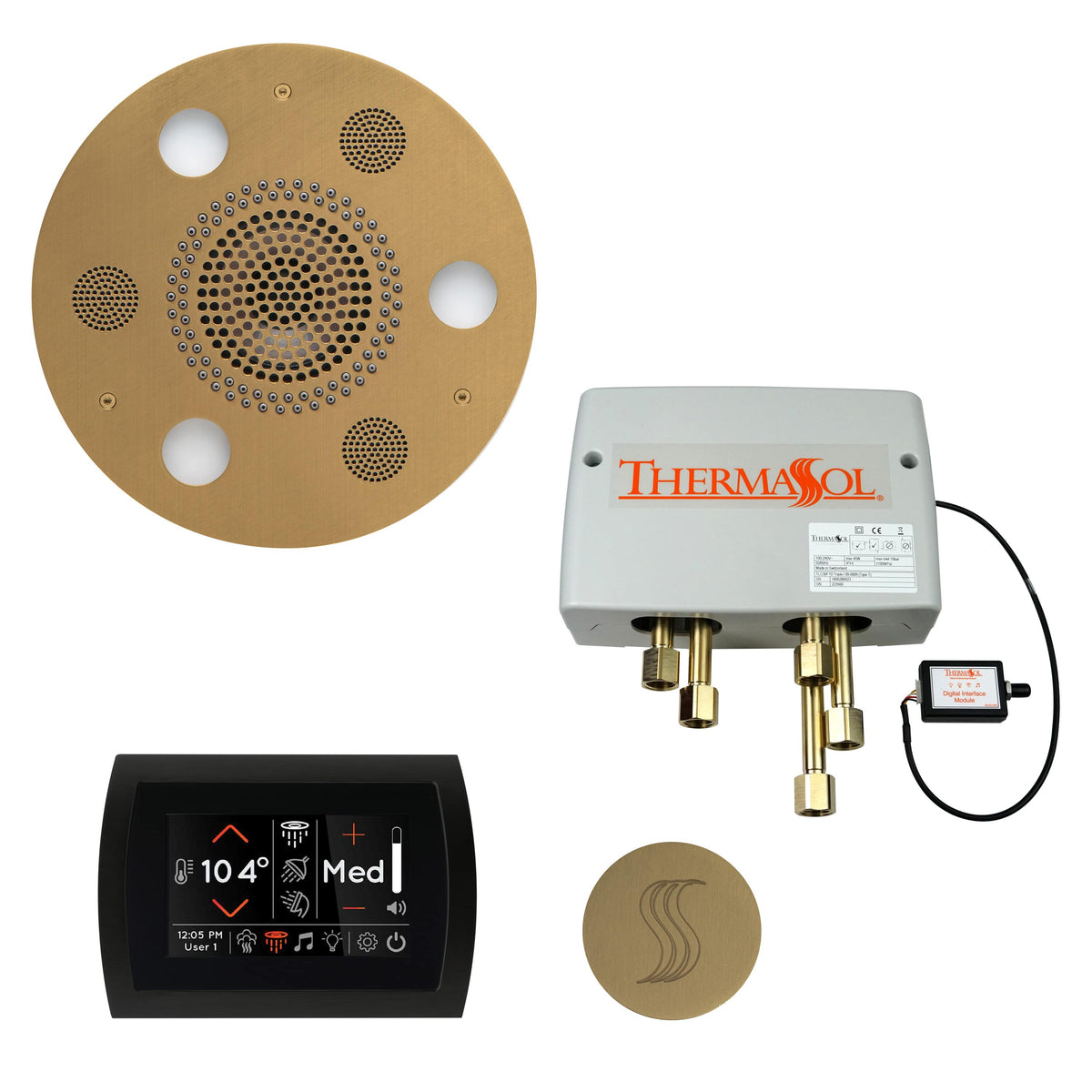 ThermaSol The Total Wellness Package with SignaTouch Round-Steam Shower Controls &amp; Accessories-ThermaSol-Satin Brass-Nordica Sauna